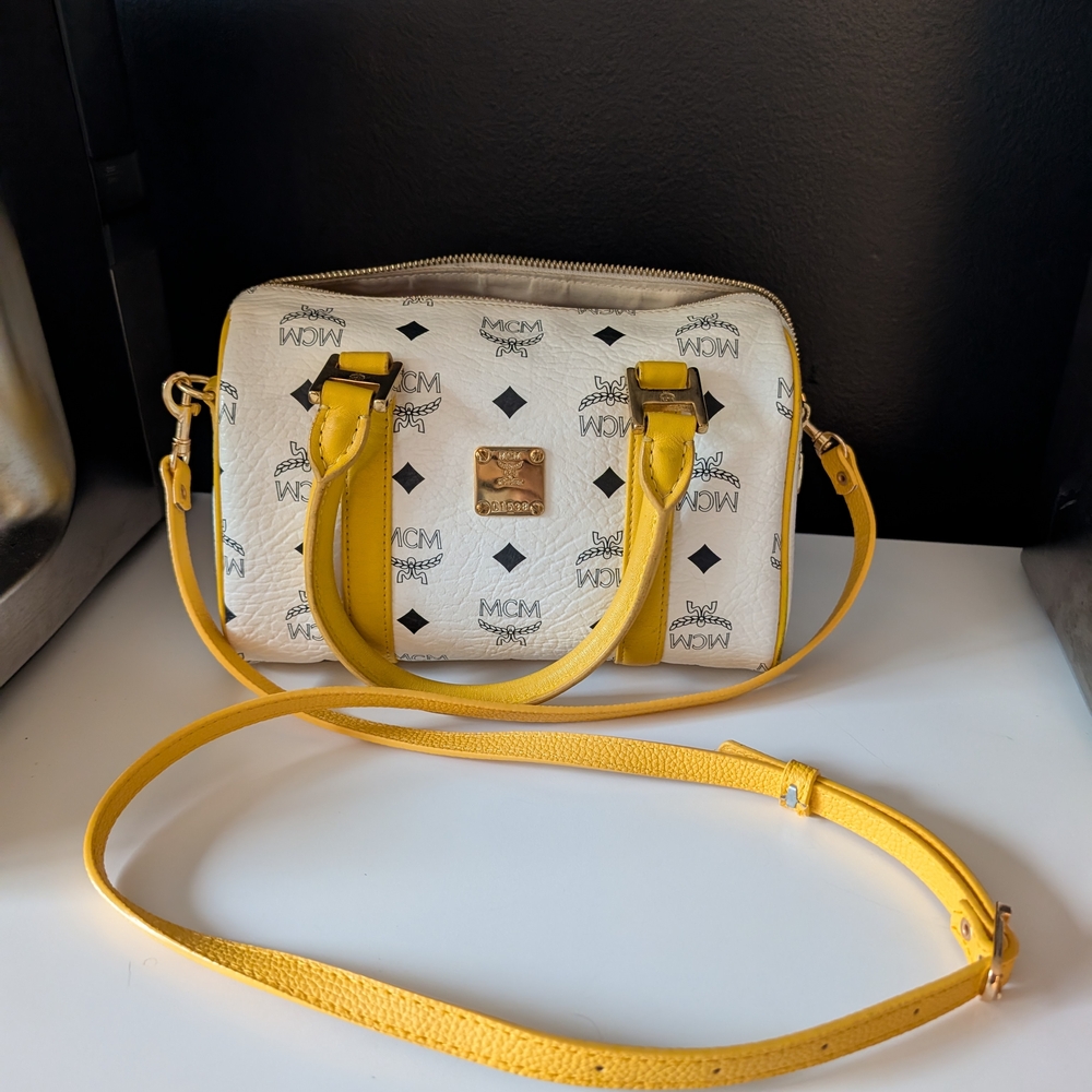 MCM White Visetos Satchel with Yellow Trim - Picture 10 of 10